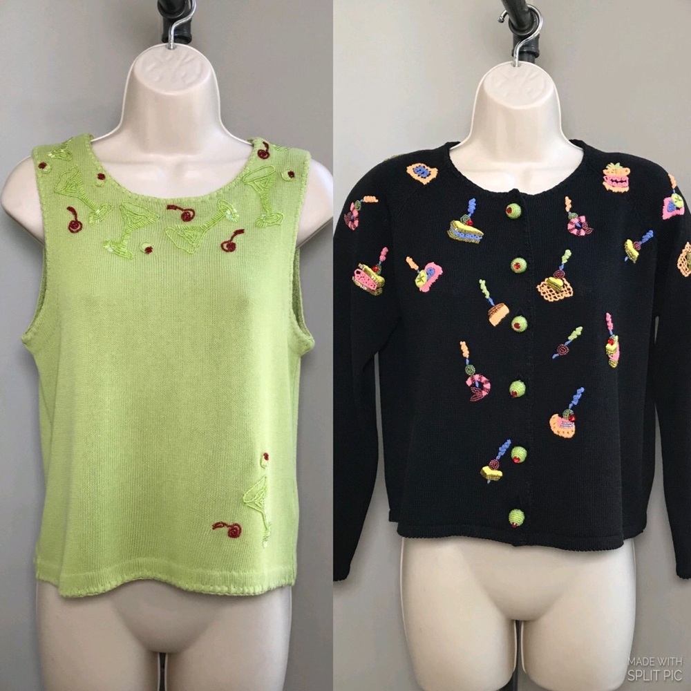Vintage Michael Simon Sushi Olives Tank & Cardigan Sweater Set ~ Women’s Small